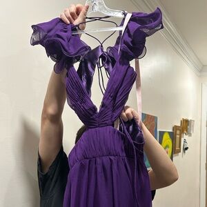 MAC DUGGAL Ruffled Shoulder Cut Out Lace Up Gown